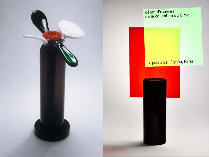 À gauche : Ettore Sottsass, *Lingam*, 1999–2000, production / réalisation Cirva, édition galerie Ernest Mourmans, Maastricht, Pays-Bas, collection Cirva, Marseille, inv. SOTT2004-20. 
Photo © Jean-Luc Maby
À droite : Pierre Charpin, *Collection Play Time : série écran*, 2005–2007, production / réalisation Cirva, édition Galerie kreo, Paris, collection Cirva, Marseille, inv. CHAR2009-9 (n°52). 
Photo © David Giancatarina